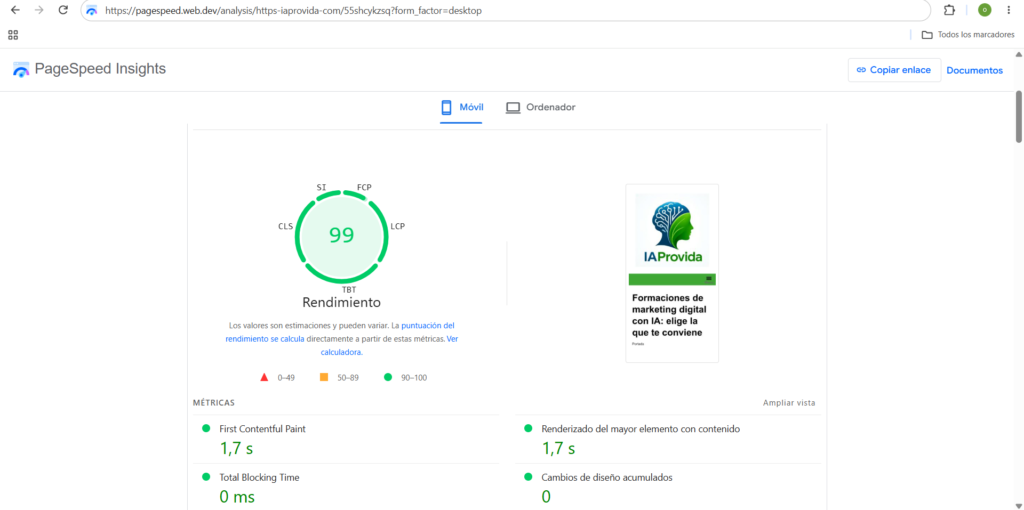 Test de velocidad PageSpeed Insights de iaprovida.com alojada en Hostinger: 99 de rendimiento en móvil